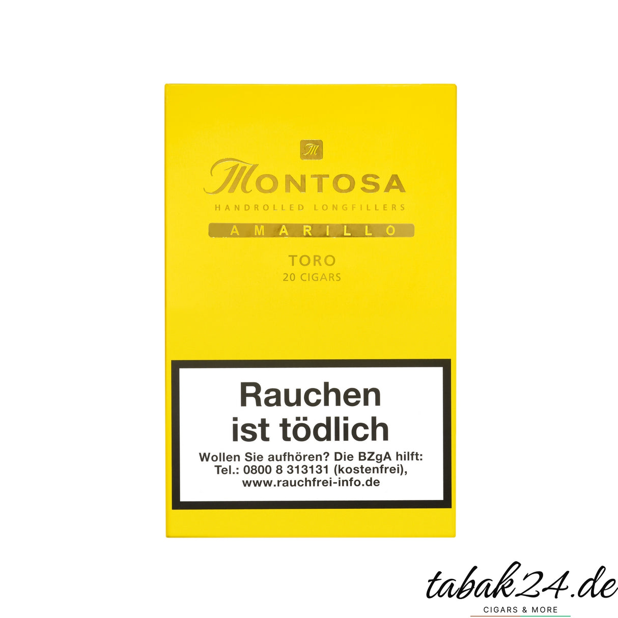 Gelbe Montosa Toro Zigarrenkiste mit Warnhinweis