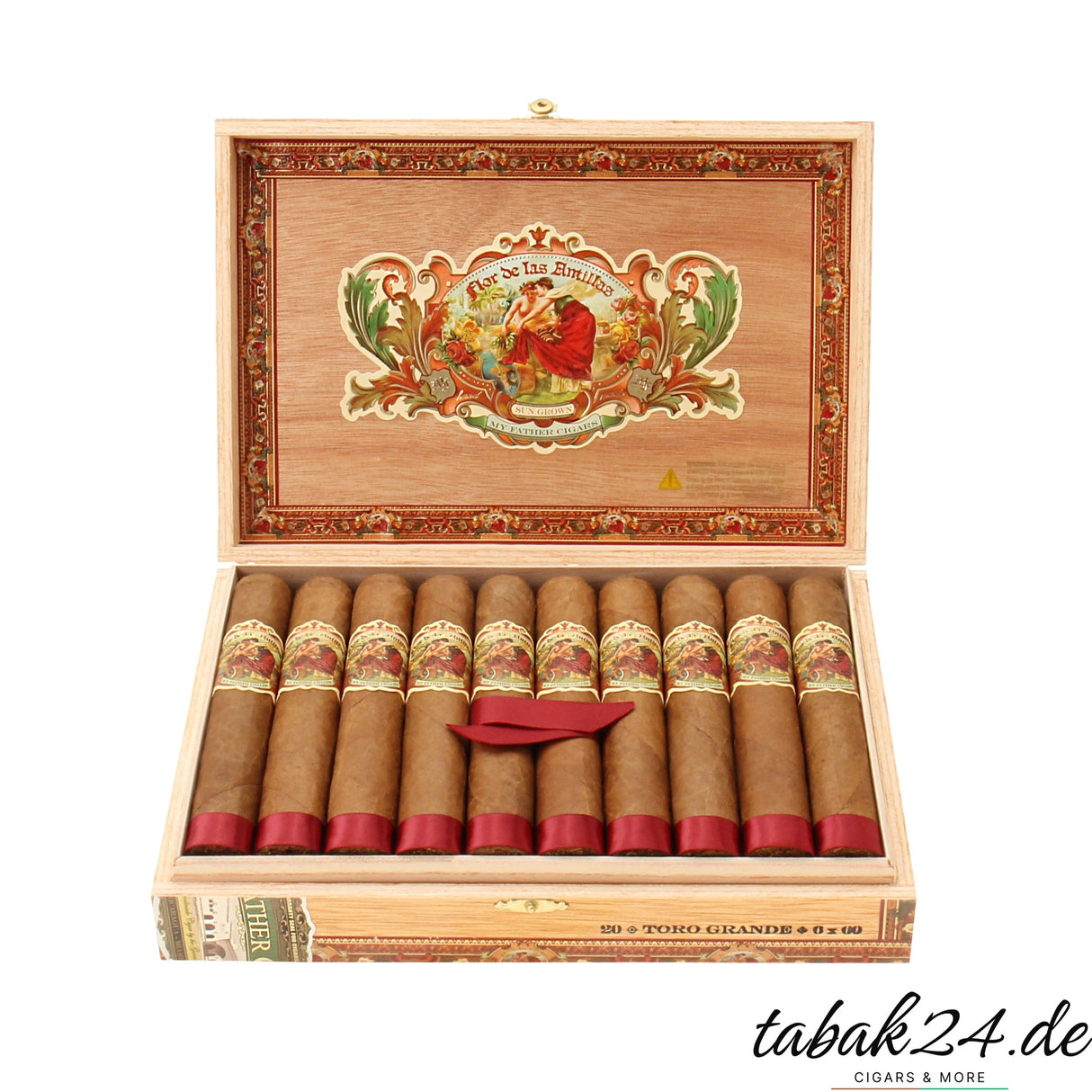 Geöffnete Zigarrenkiste mit My Father La Flor de las Antillas Toro Grande Zigarren in Reihe