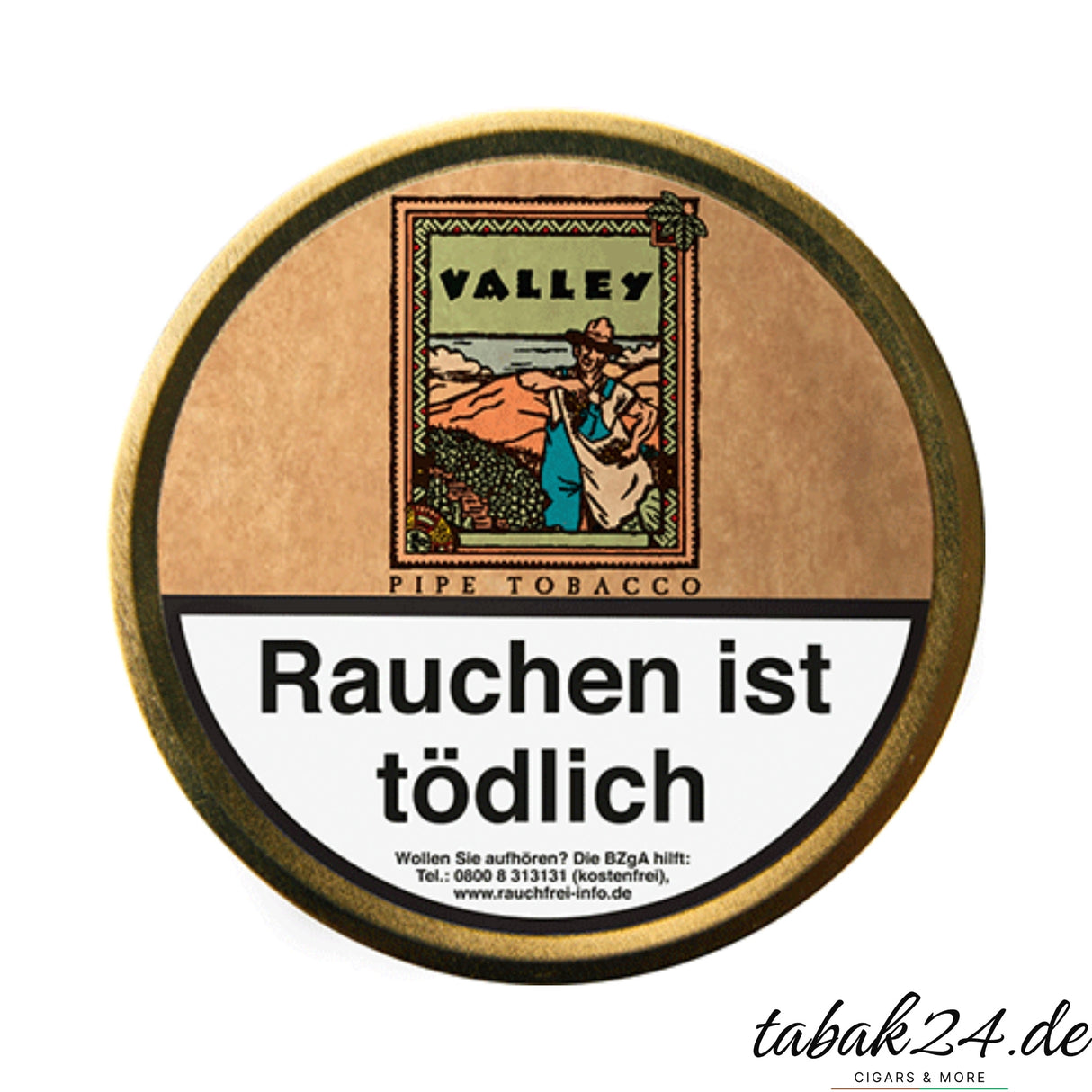 Nappa Valley Pfeifentabakdose mit Cowboy-Illustration und Warnhinweis