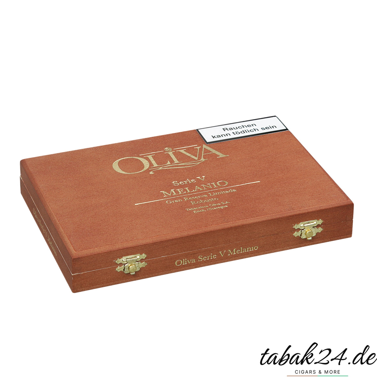 Geschlossene Holzkiste der Oliva Serie V Melanio Robusto mit goldener Prägung