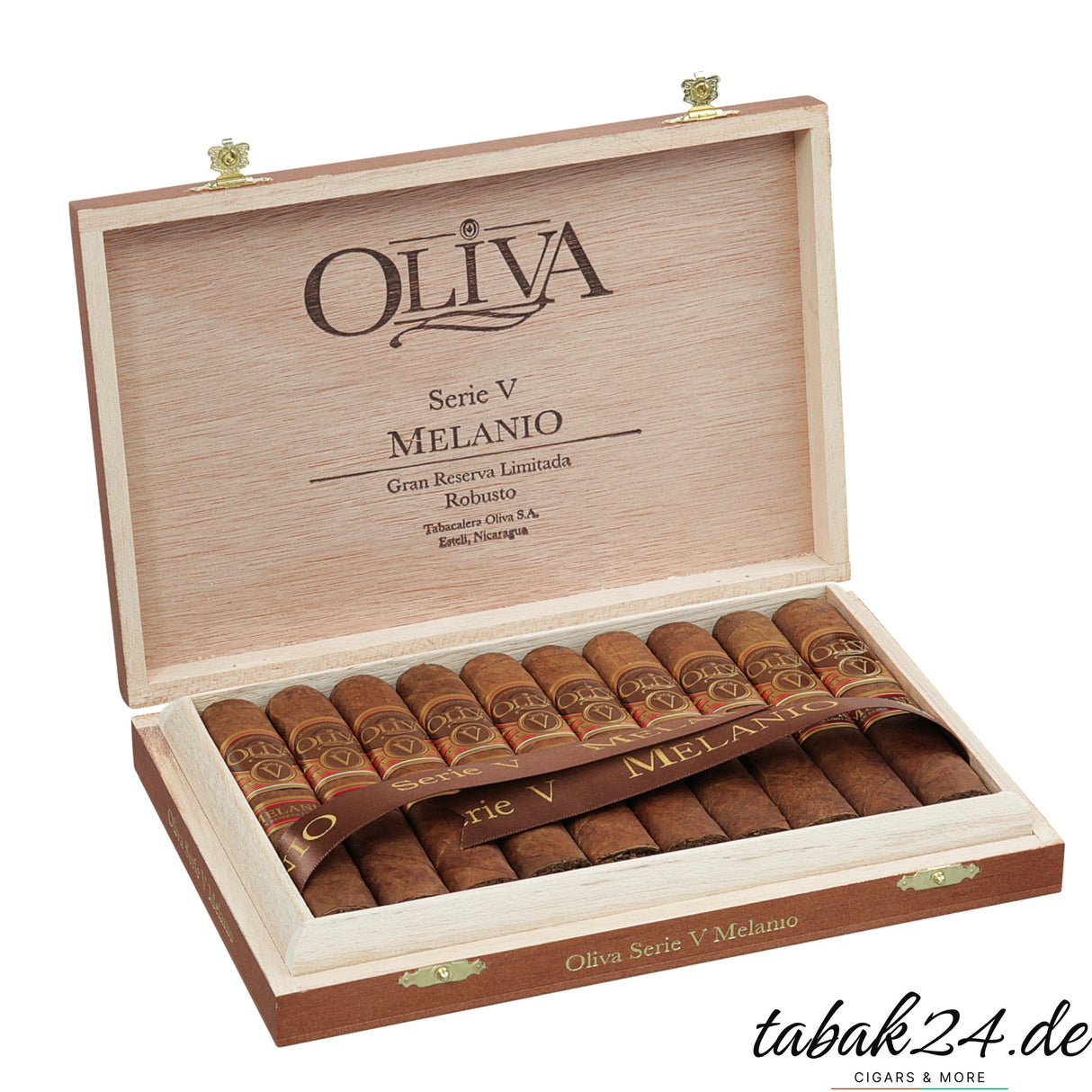 Geöffnete Kiste mit 10 Oliva Serie V Melanio Robusto Zigarren und elegantem Branding im Deckel