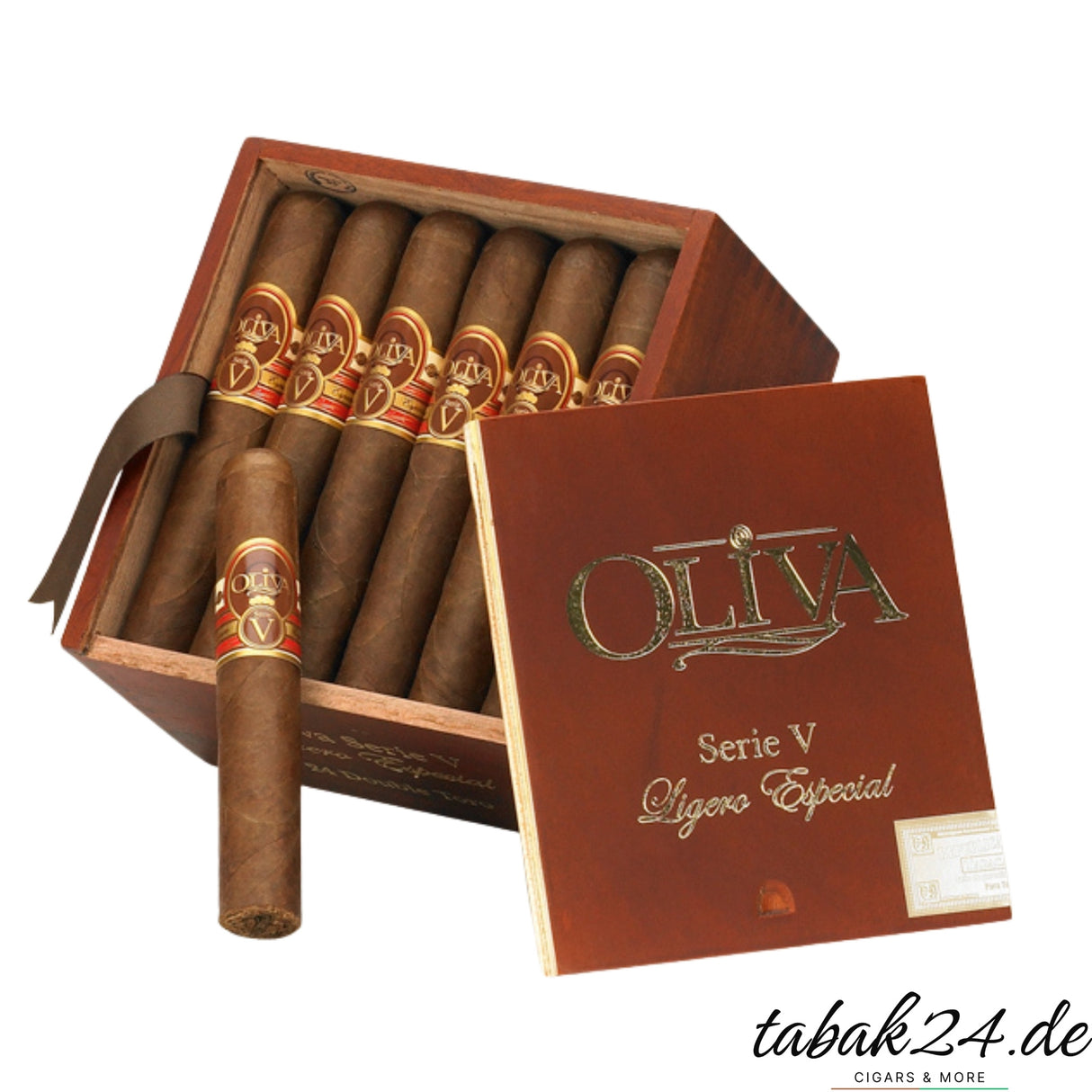 Geöffnete Holzkiste mit 24 Oliva Serie V Double Robusto Zigarren