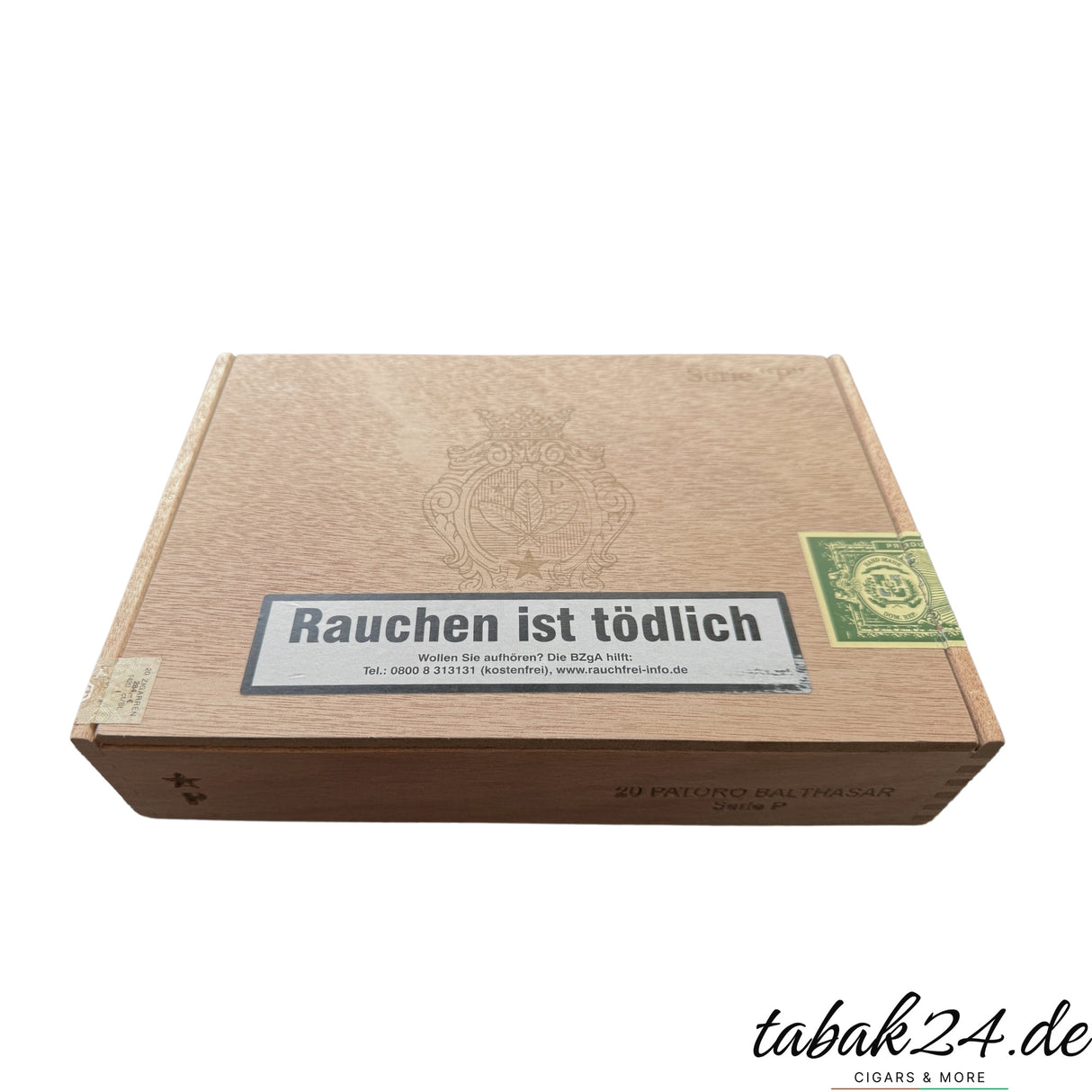 20er-Holzkiste der Patoro Balthasar Toro mit geprägtem Logo und Steuerband