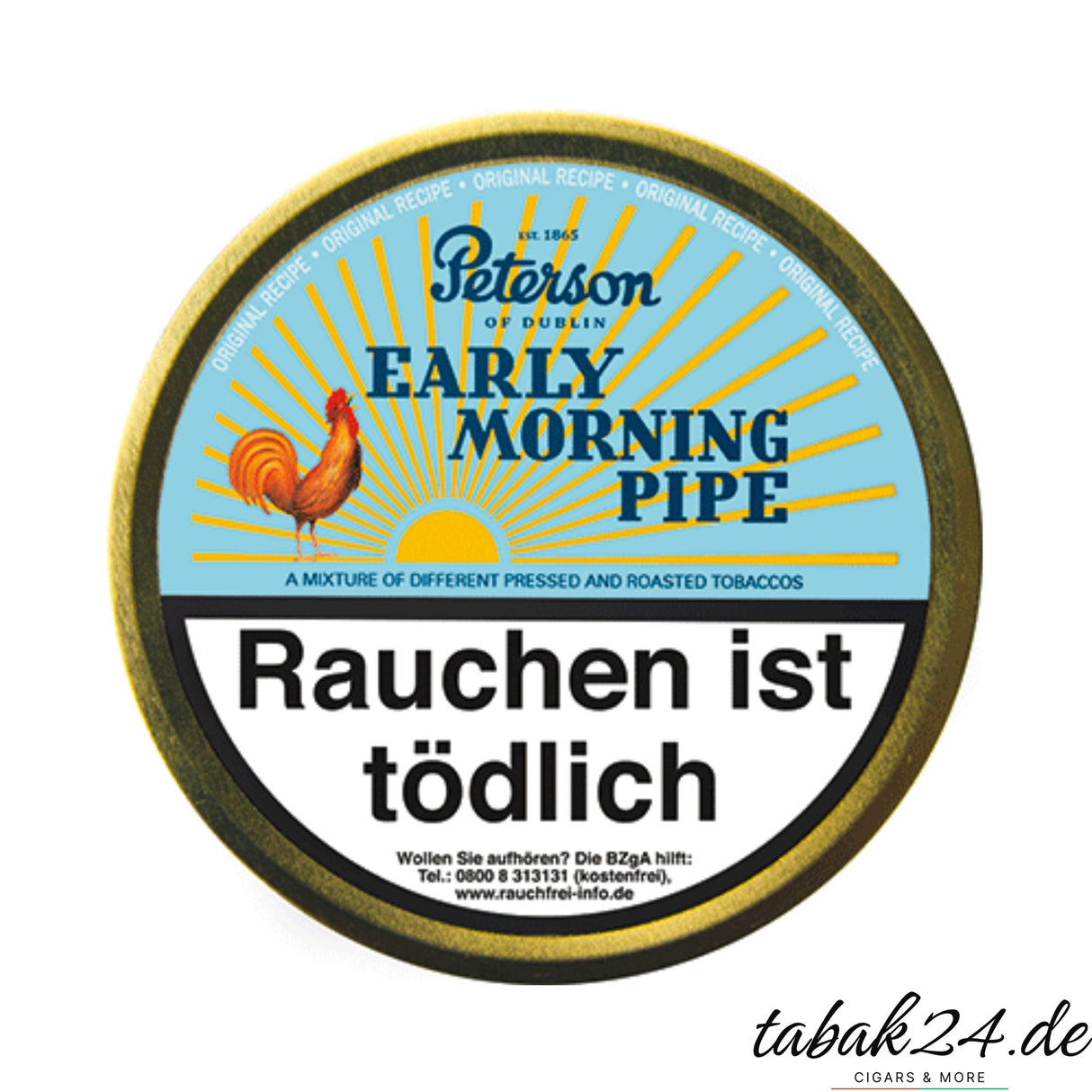 Runde Dose Peterson Early Morning Pipe mit Warnhinweis, Hahn und Sonnenaufgang