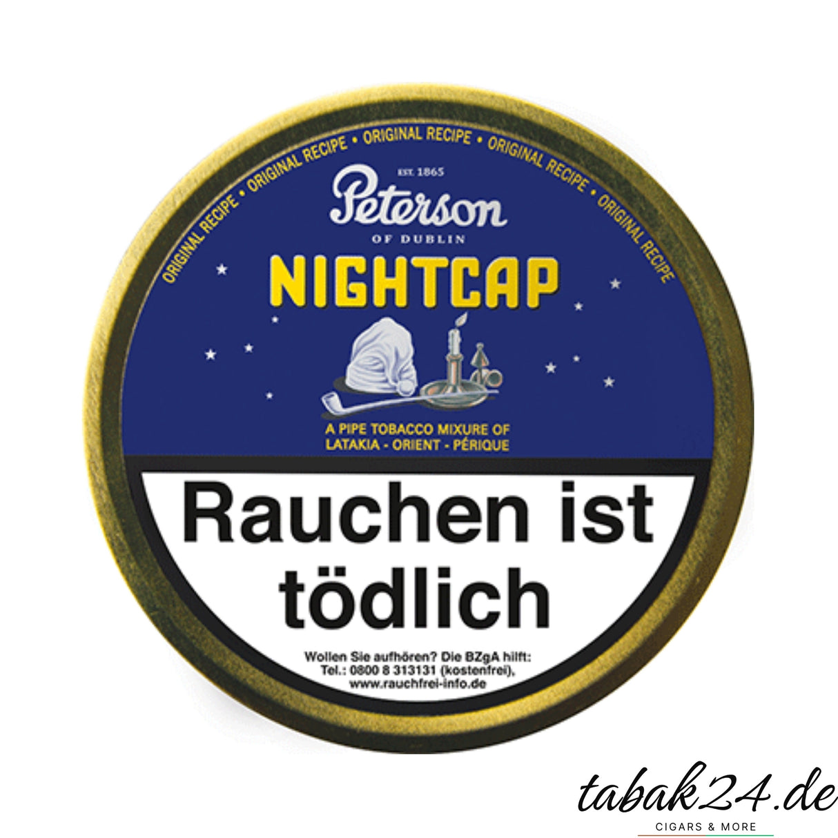 Peterson Nightcap Pfeifentabakdose mit blau-goldenem Design und Warnhinweis
