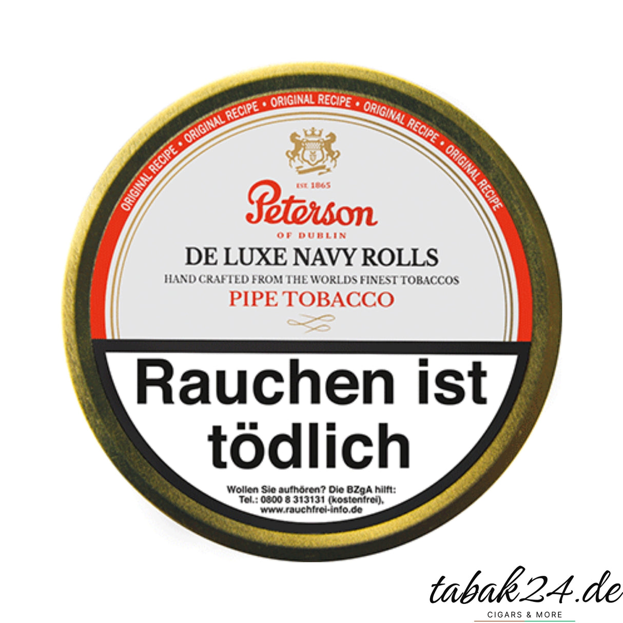 Runde Dose Peterson De Luxe Navy Rolls Pfeifentabak mit Warnhinweis und Logo