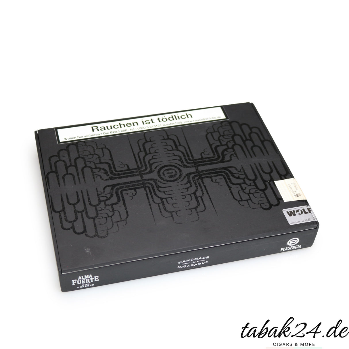Geschlossene Zigarrenkiste Plasencia Alma Fuerte Robusto – schwarz mit Goldprägung