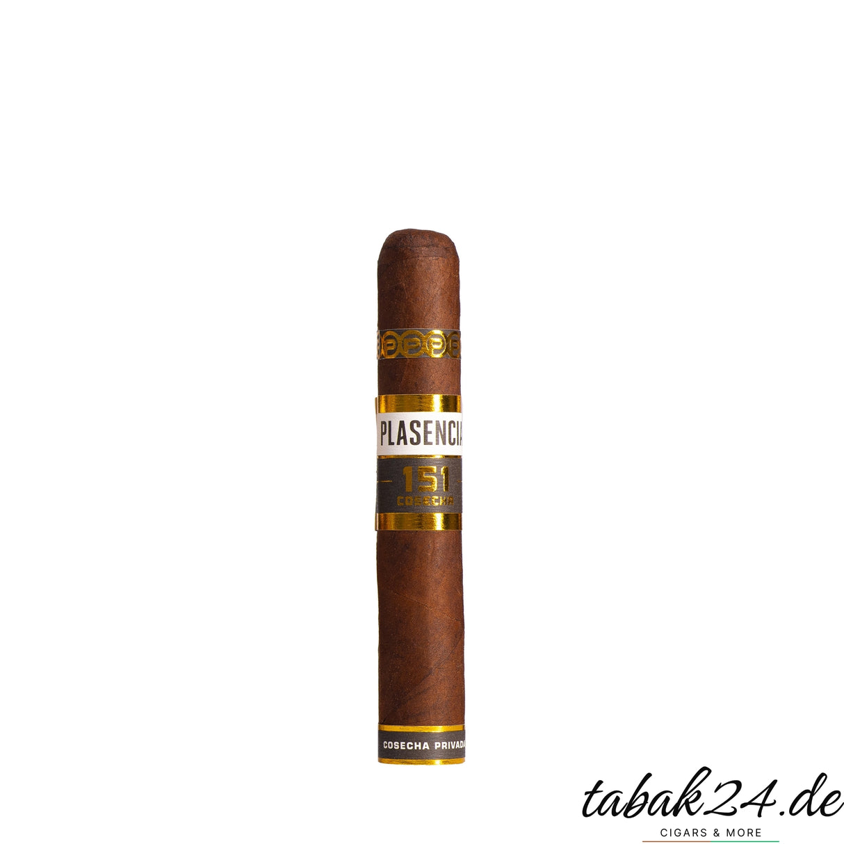 Einzelne Zigarre Plasencia 151 Robusto mit weiß-goldenem Ring auf Weiß freigestellt