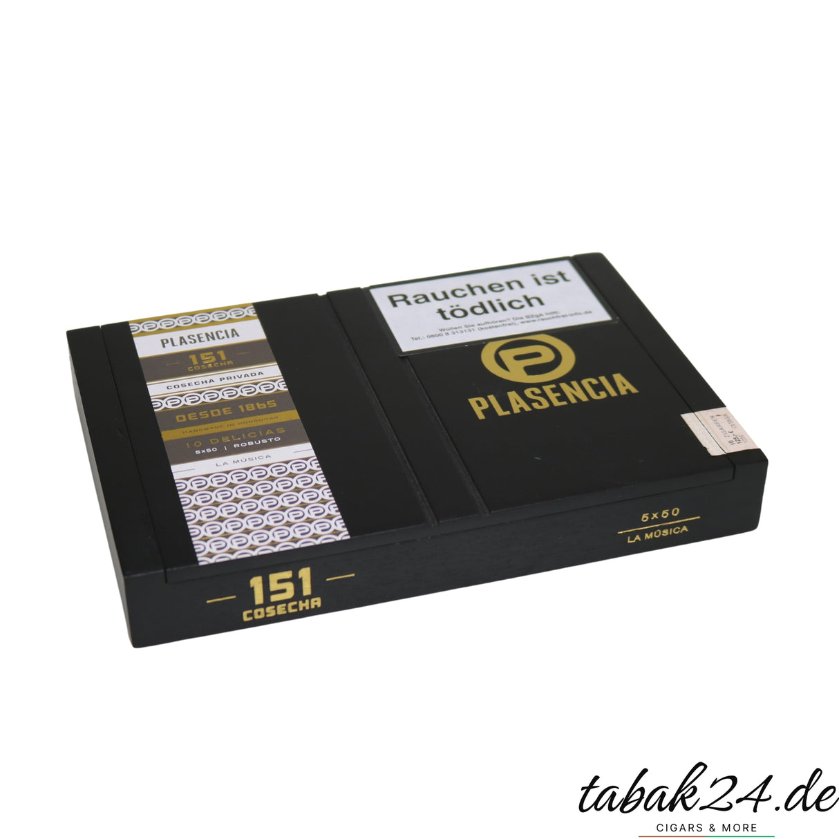 Geschlossene schwarze Kiste Plasencia La Música Robusto mit goldenen Details