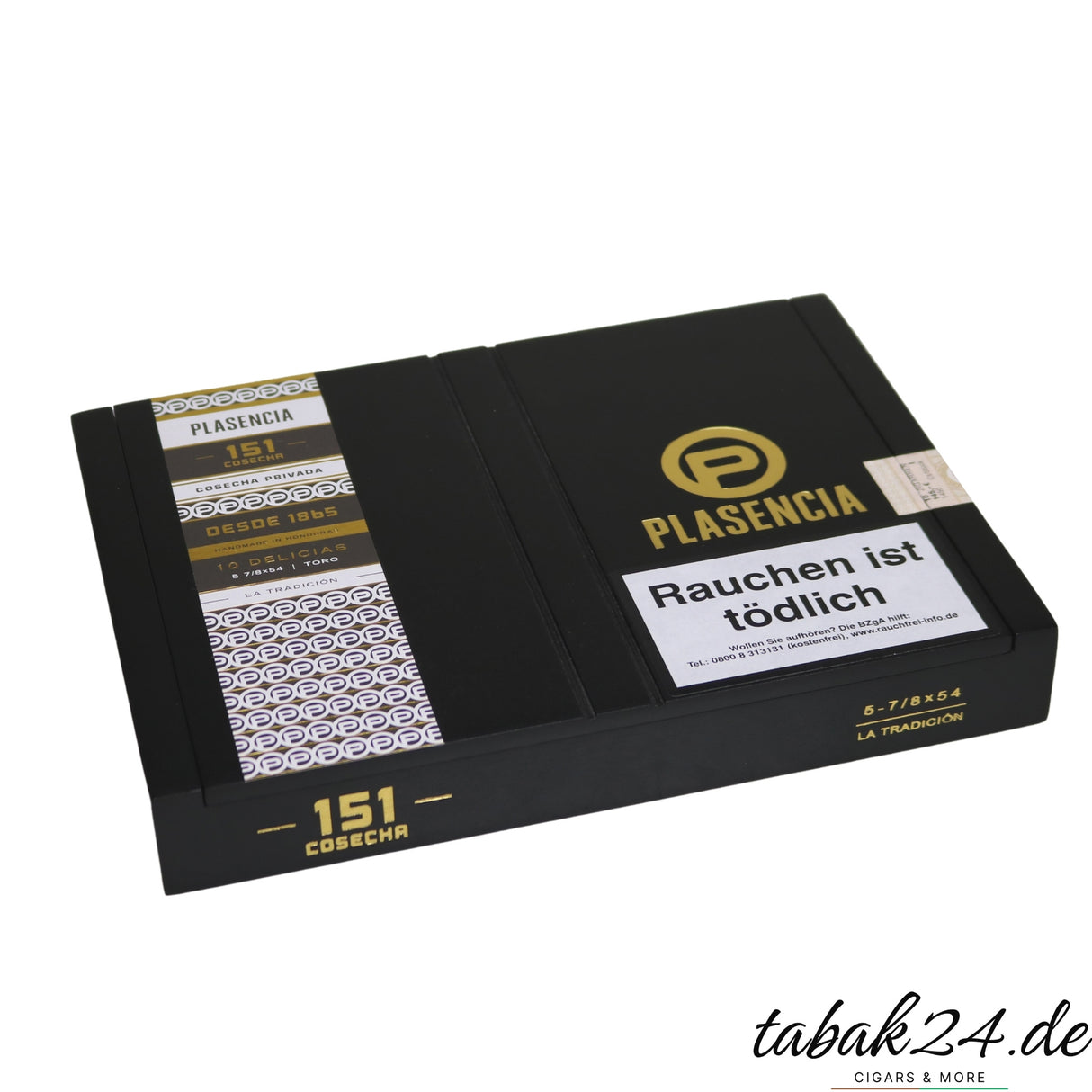 Geschlossene schwarze Kiste Plasencia La Música Robusto mit goldenen Details