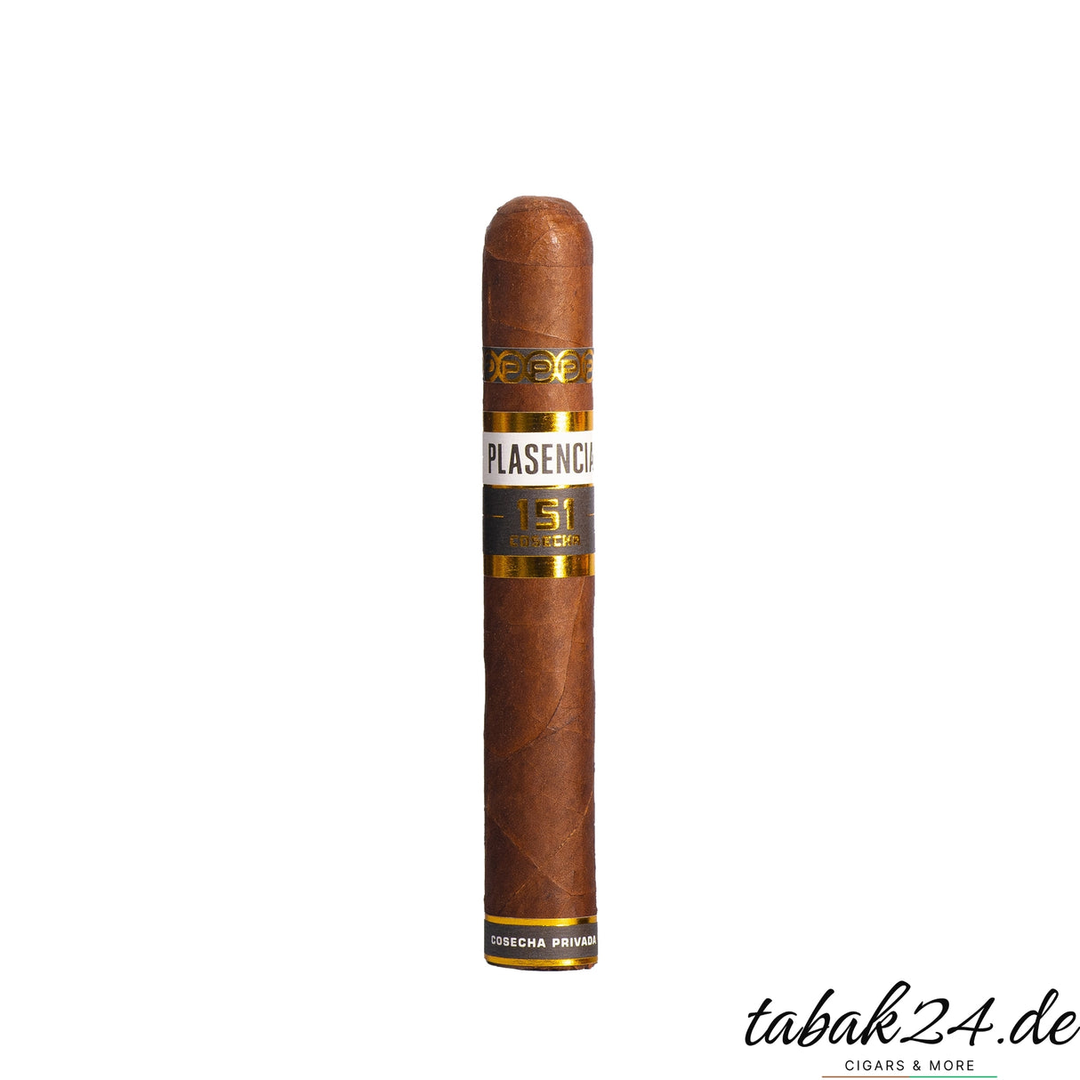 Einzelne Zigarre Plasencia 151 Robusto mit weiß-goldenem Ring auf Weiß freigestellt