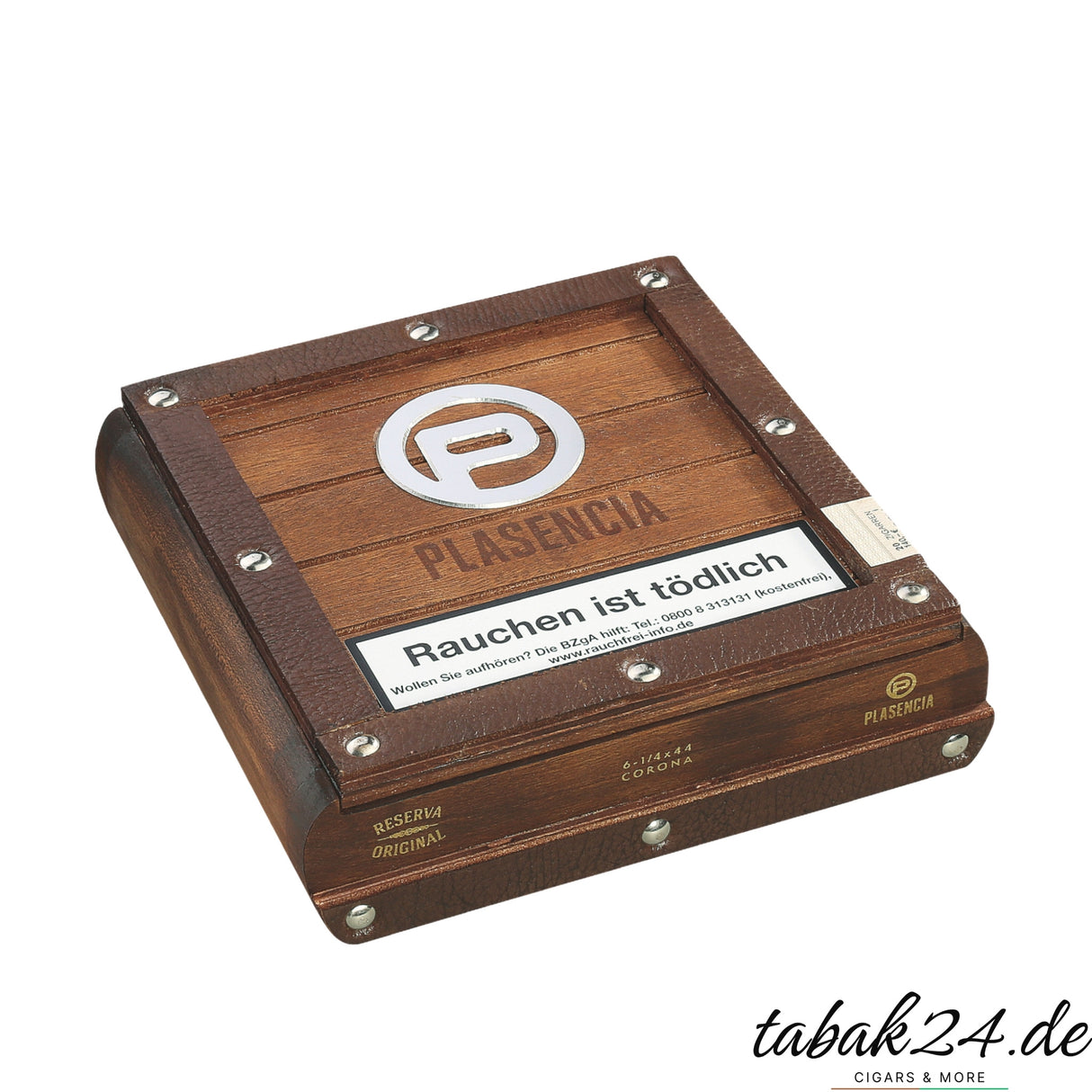 Geschlossene Holzkiste Plasencia Corona mit silbernem Logo und Warnhinweis