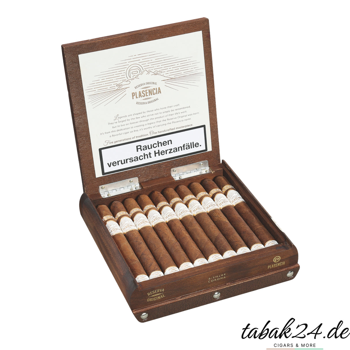 Offene Plasencia Reserva Original Corona Kiste mit 20 schlanken Zigarren nebeneinander