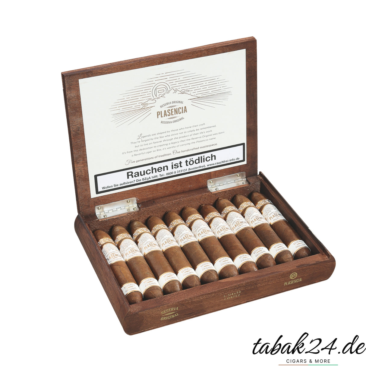 Geschlossene Plasencia Cortez Zigarrenkiste mit silbernem Logo und Warnhinweis