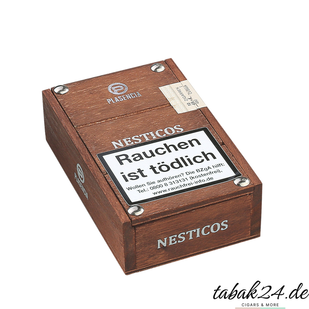 Kompakte, geschlossene Holzkiste Plasencia Nesticos mit Warnhinweis und Logo