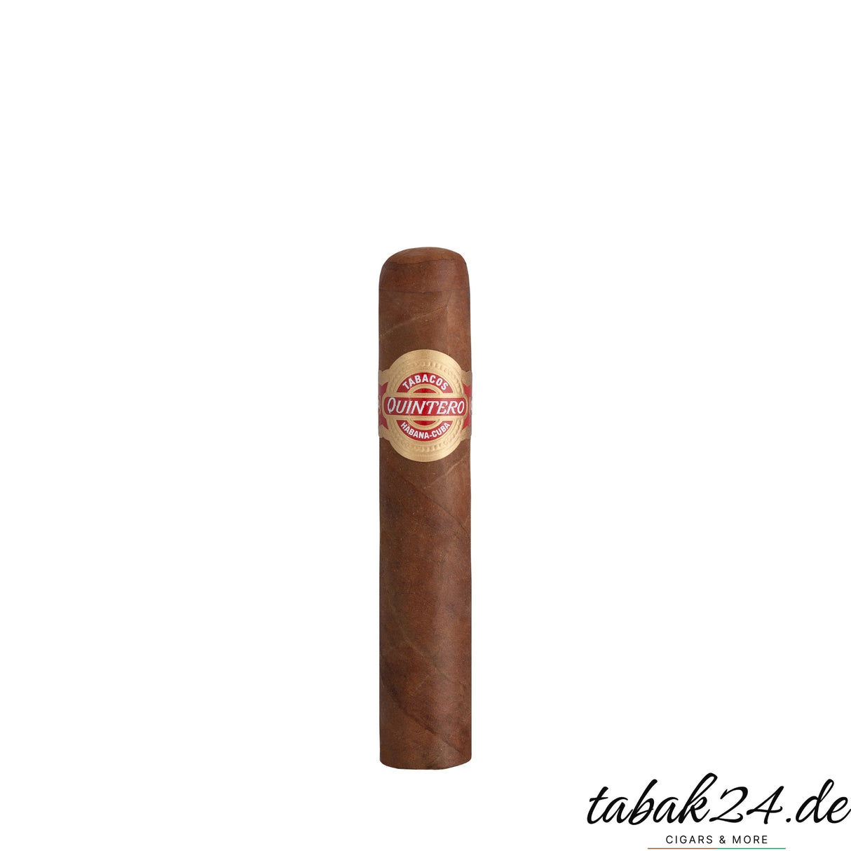 Einzelne Quintero Favoritos Zigarre mit rot-goldenem Zigarrenring mit tabak24.de Logo unten rechts