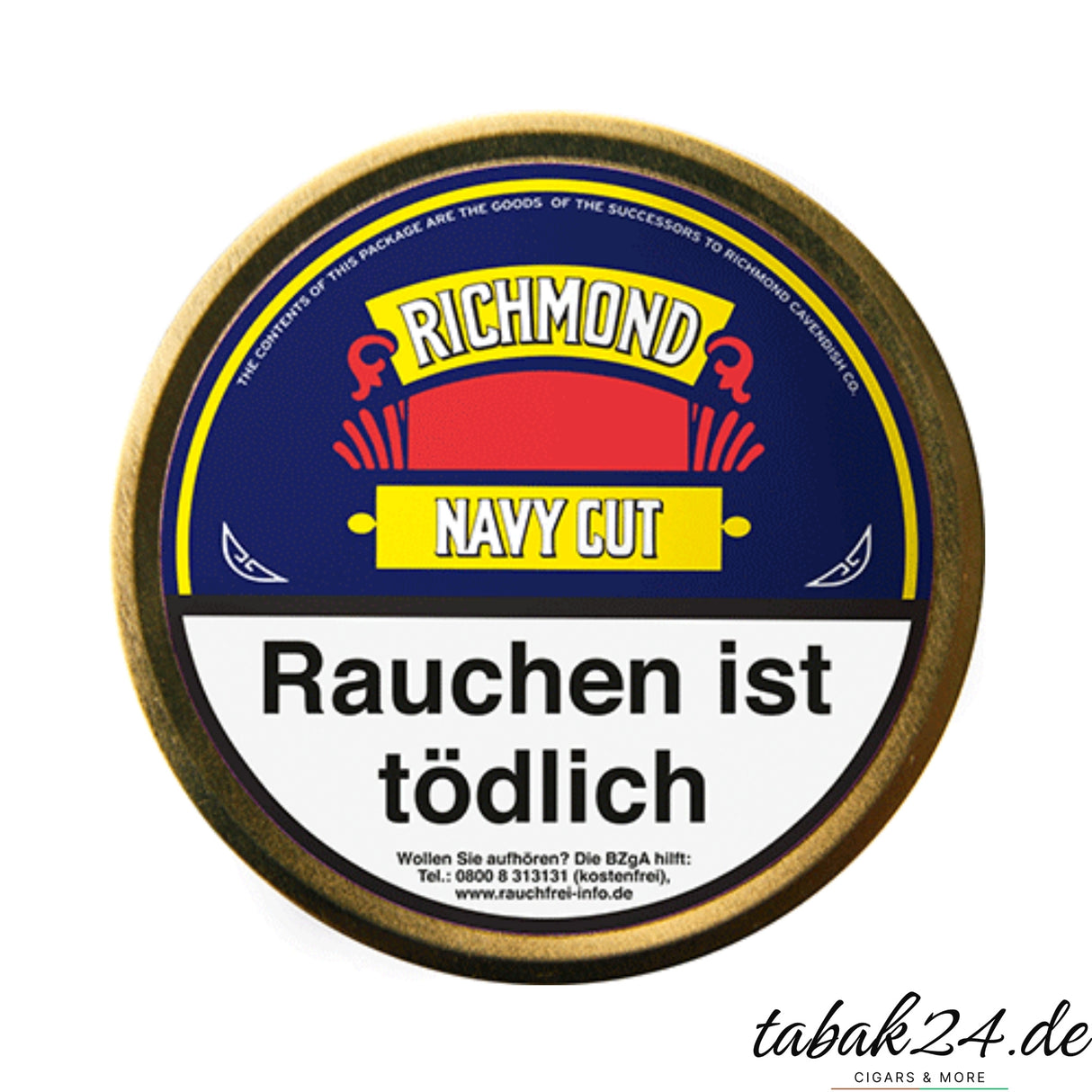 Richmond Navy Cut Pfeifentabak 50g Runddose mit marineblauem Etikett und gelber Typografie