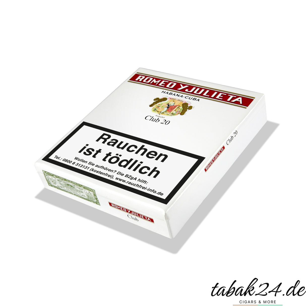 Romeo y Julieta Club 20 Zigarilloschachtel weiß mit rotem Logo und Warnhinweis