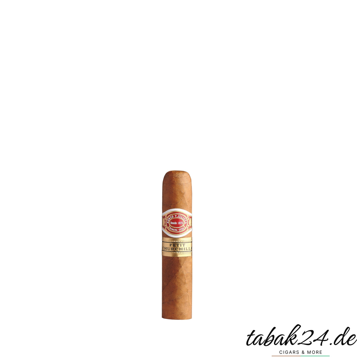 Einzelne Romeo y Julieta Petit Churchill Zigarre vor weißem Hintergrund