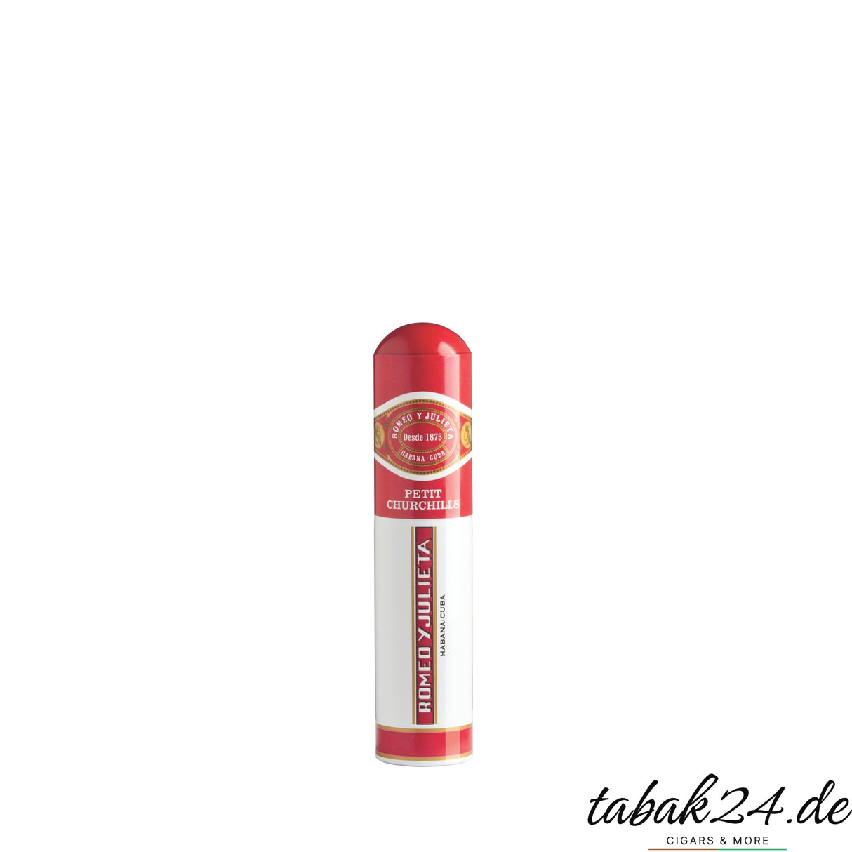 Romeo y Julieta Petit Churchill im rot-weißen Aluminiumtubo stehend