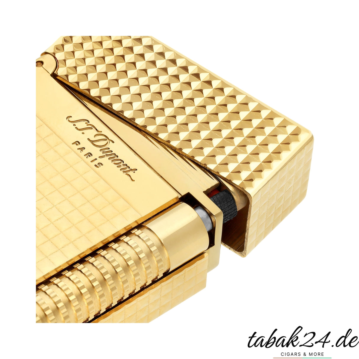S.T. Dupont Le Grand Cling Diamant Gold Feuerzeug Detailansicht mit Diamantkopf-Guillochierung und Zündmechanismus