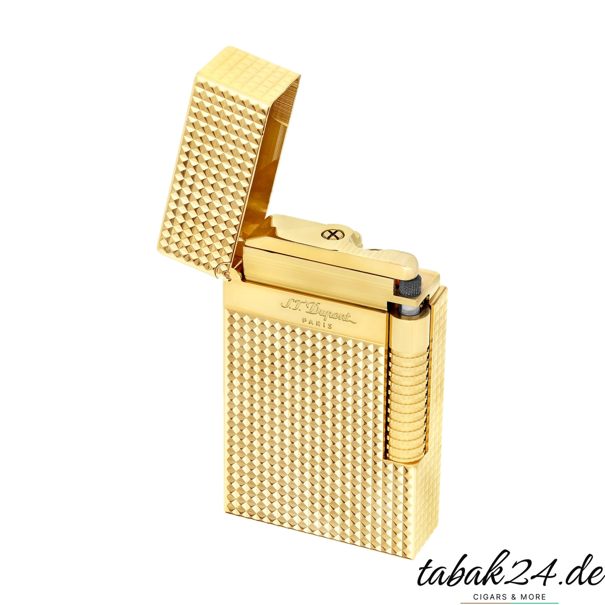 S.T. Dupont Le Grand Cling Diamant Gold Feuerzeug geöffnet mit Zündrolle und Flammeinsatz