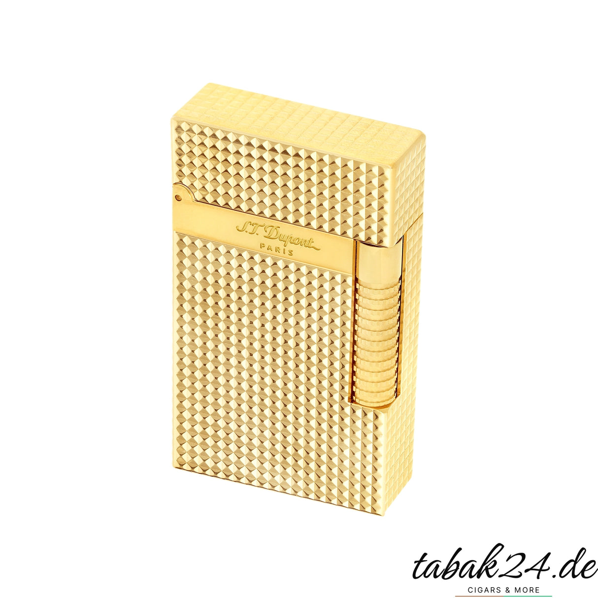 S.T. Dupont Le Grand Cling Diamant Gold Feuerzeug Frontansicht geschlossen mit Diamantkopf-Guillochierung
