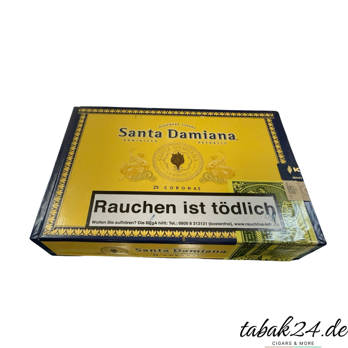Gelb-blaue Kiste mit 25 Santa Damina Cigars im Corona Format