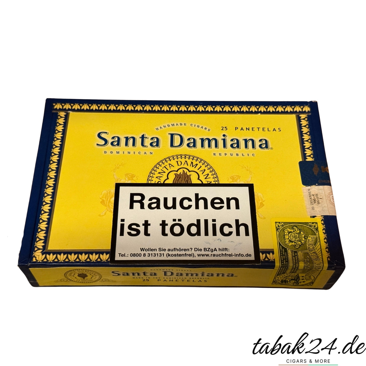 Eine gelb blaue Kiste mit 25 Santa Damina Panetela Zigarren