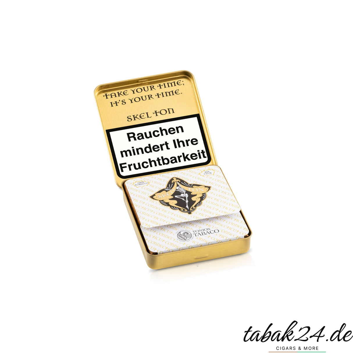 Geöffnete Skel Ton Connecticut Club Dose mit hellen Zigarillos