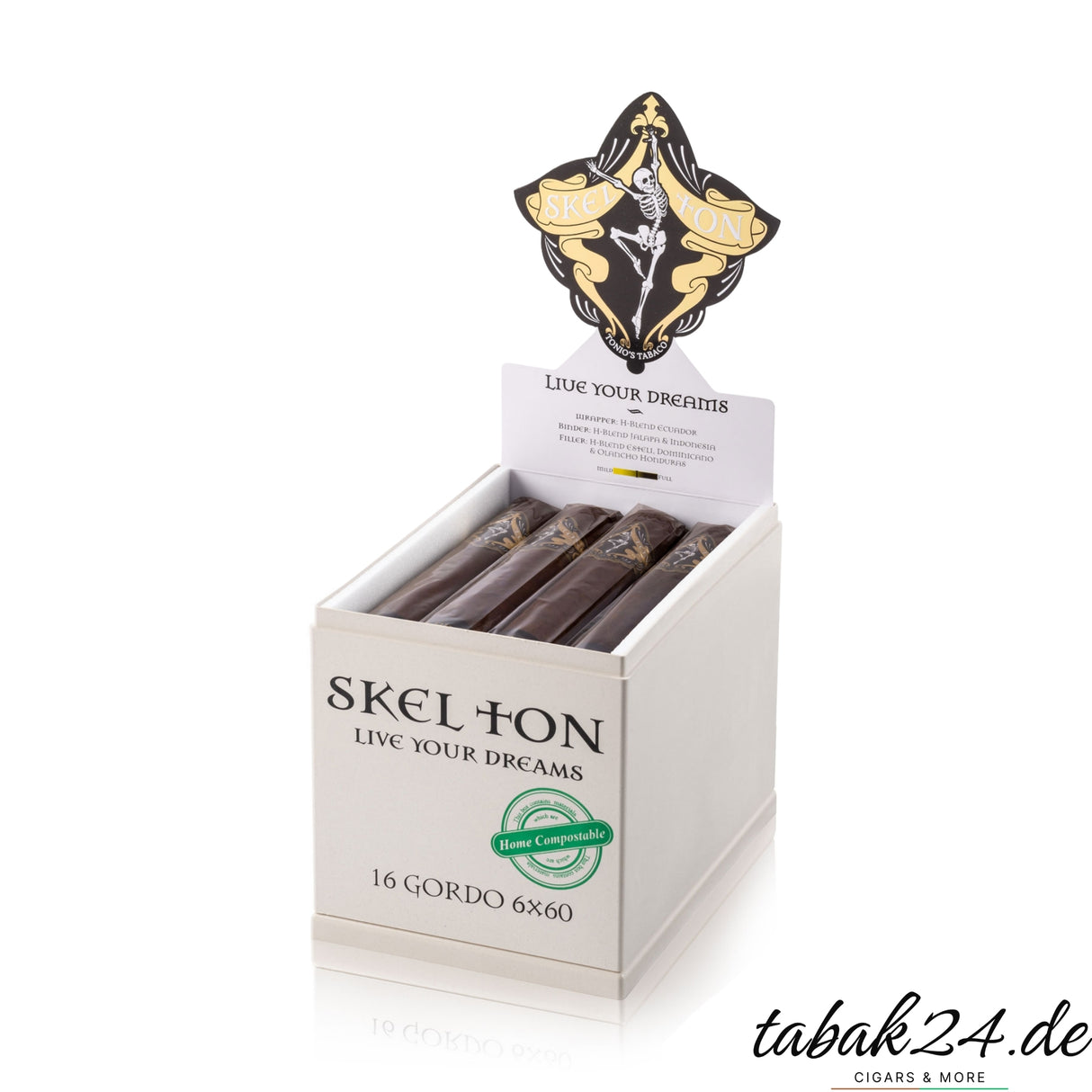 Geöffnete Skel Ton Live Your Dreams Gordo Zigarrenkiste mit 16 Stück