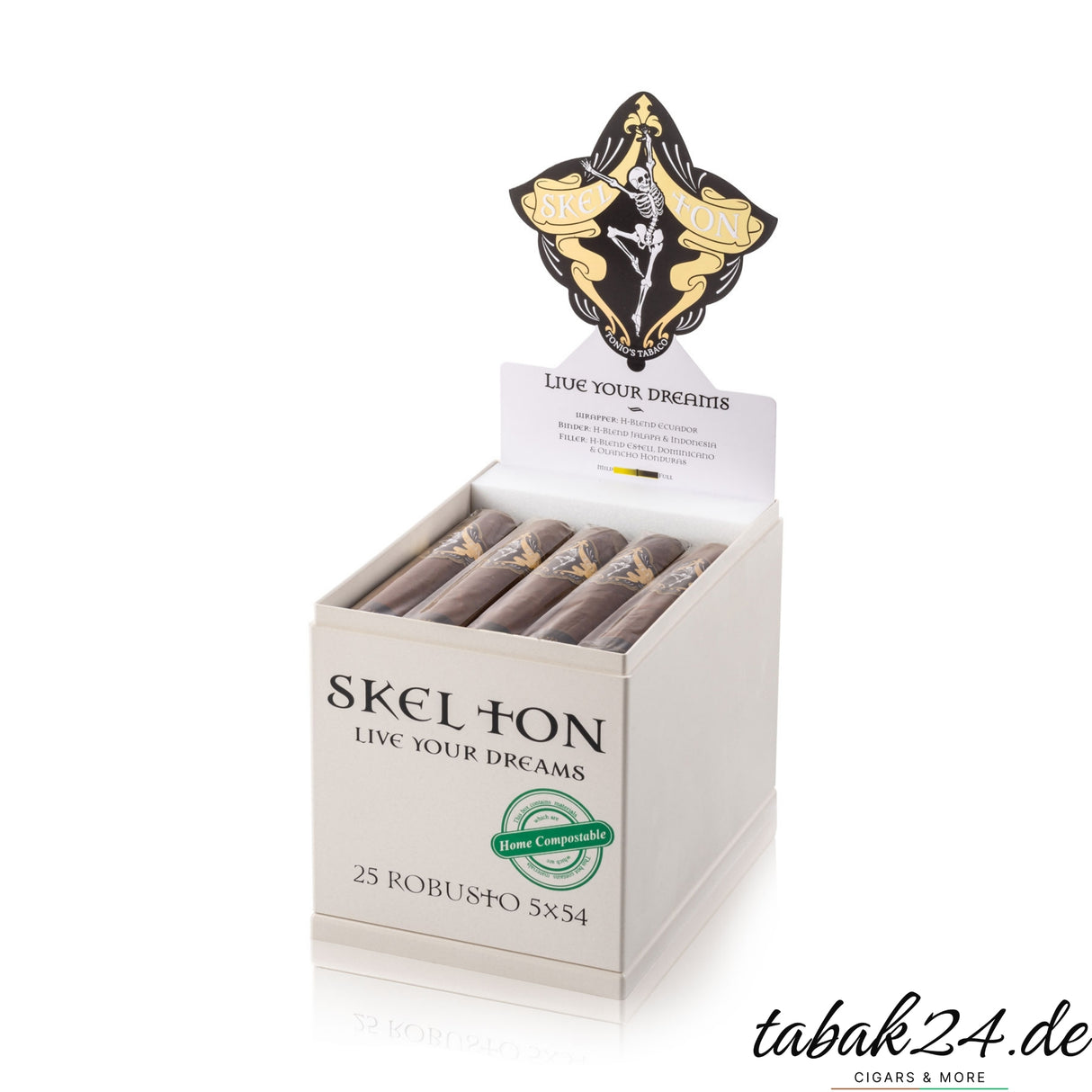 Geöffnete Skel Ton Live Your Dreams Robusto Kiste mit 25 Zigarren