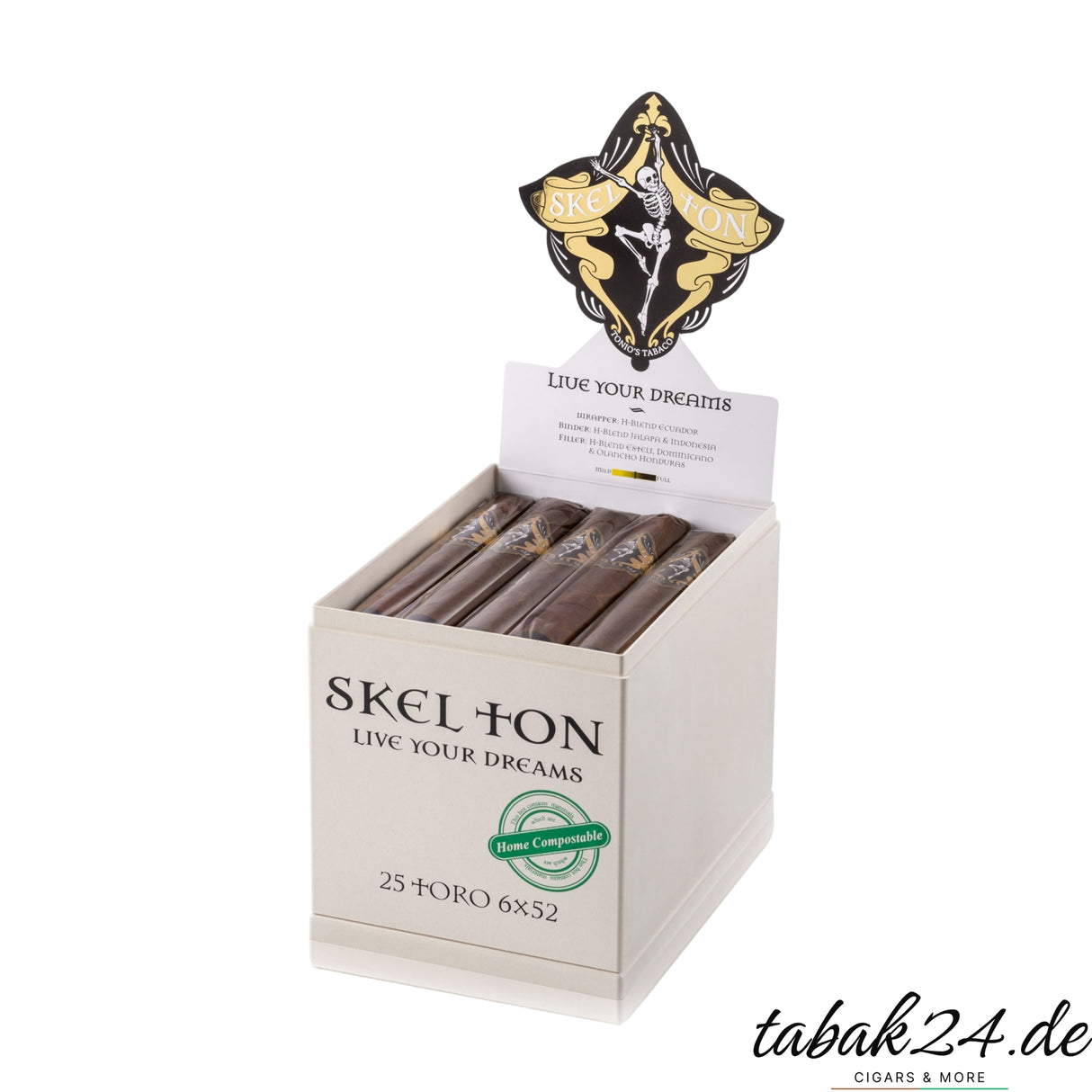 Geöffnete Skel Ton Live Your Dreams Toro Zigarrenkiste mit 25 Stück