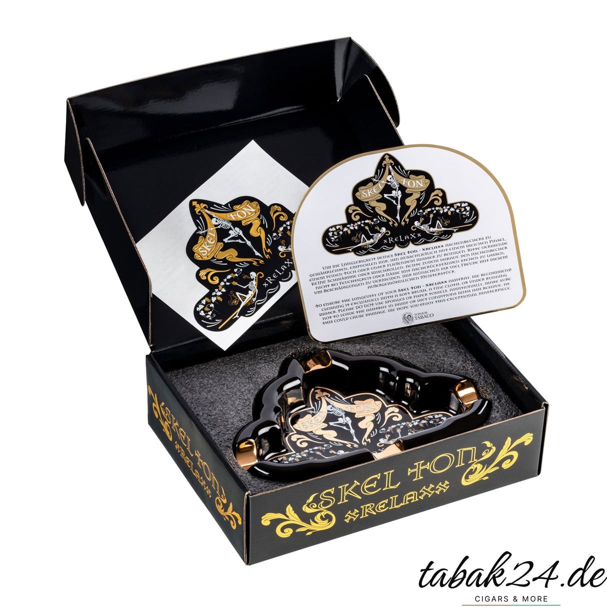 Skelton xReLaXx Zigarrenaschenbecher – Edle Geschenkbox geöffnet mit Beipackzettel