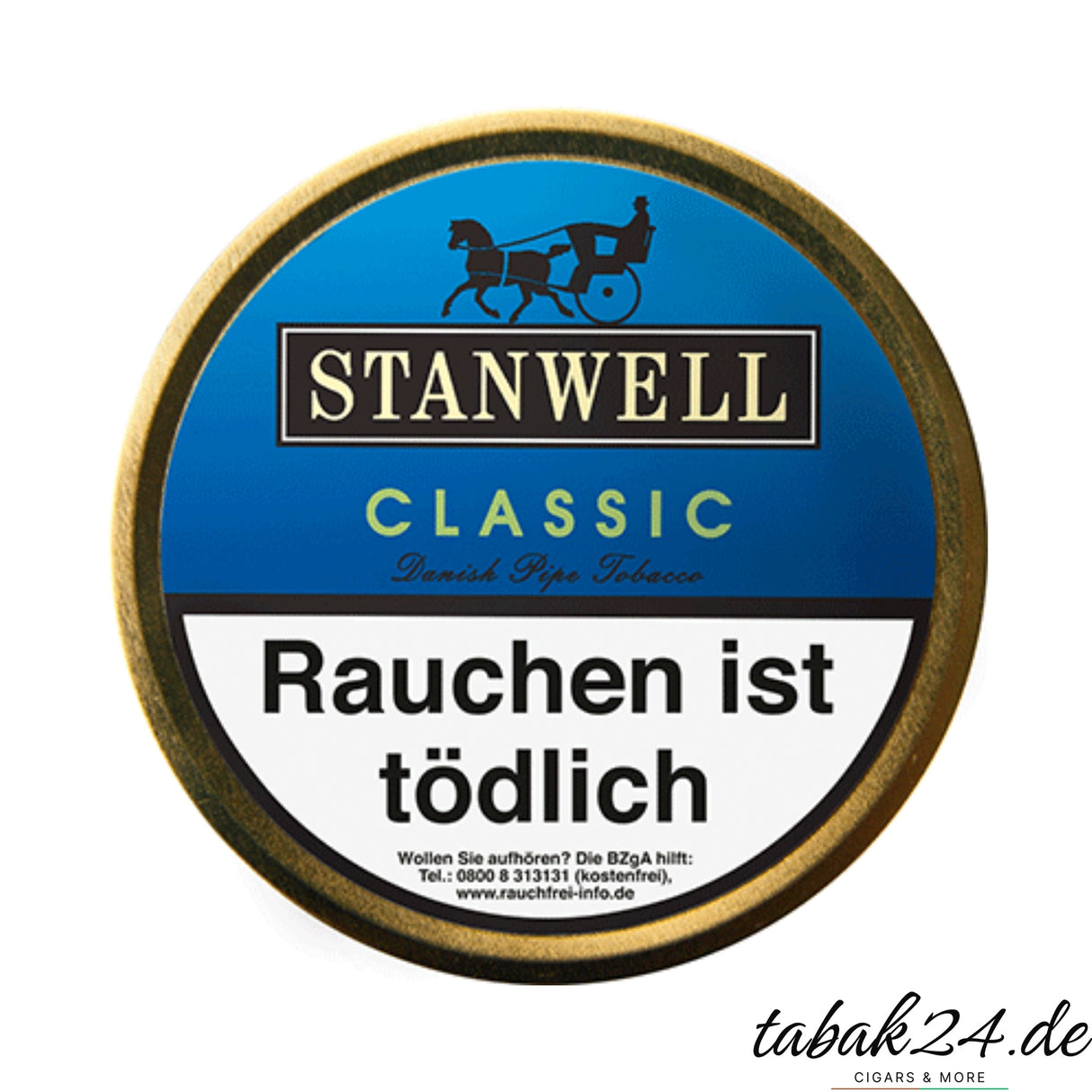 Stanwell Classic Pfeifentabak 50g Runddose mit blauem Etikett und klassischer Schrift