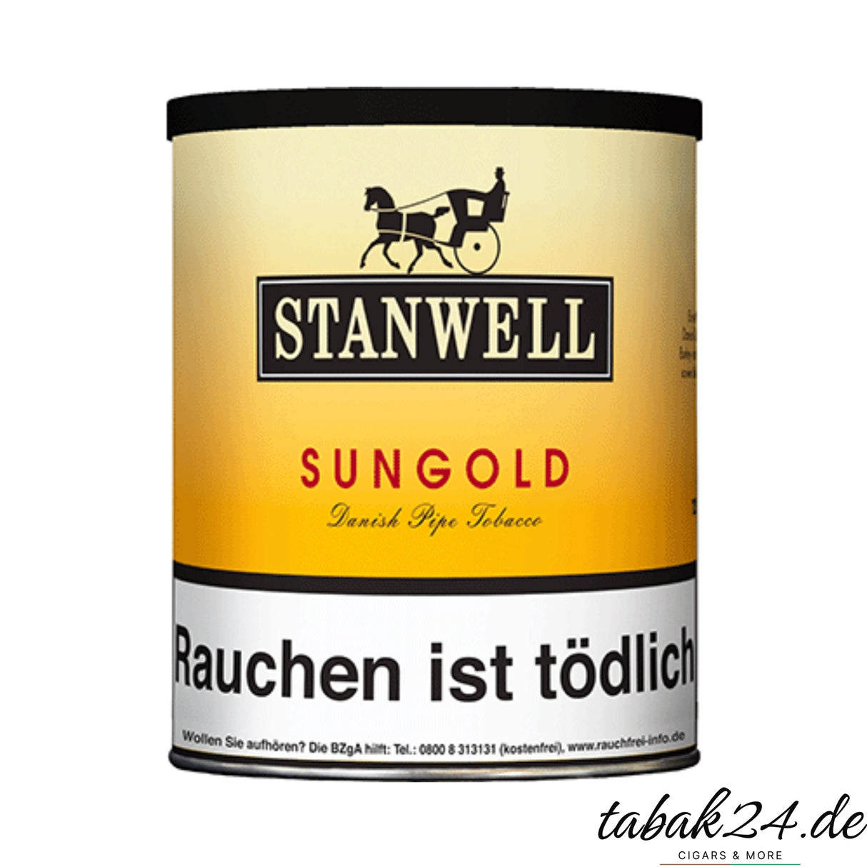 Stanwell Sungold Pfeifentabak in der großen 125g Dose mit schwarzem Deckel und goldener Etikettfarbe