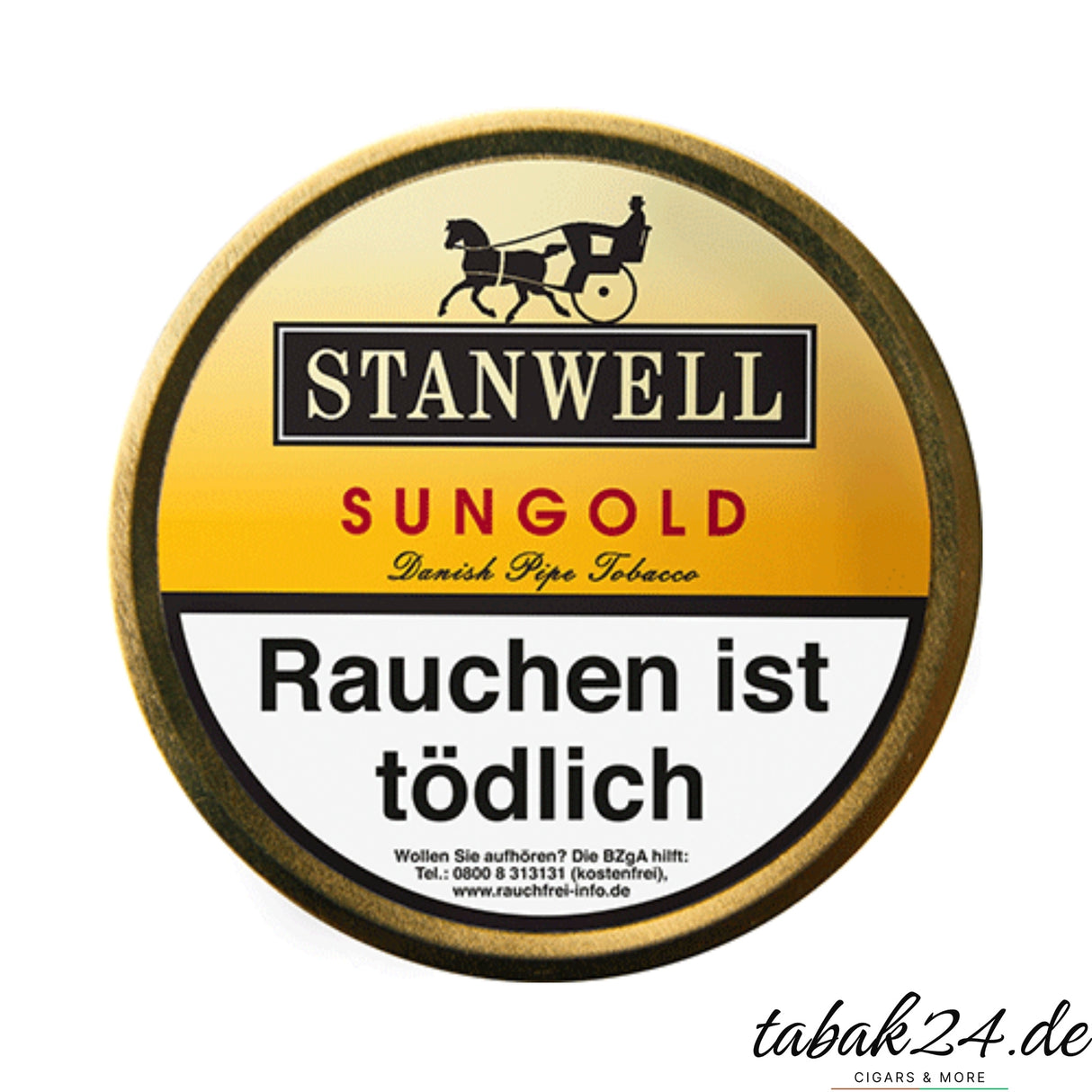Stanwell Sungold 50g Runddose mit schwarzem Rand und klassischem Design