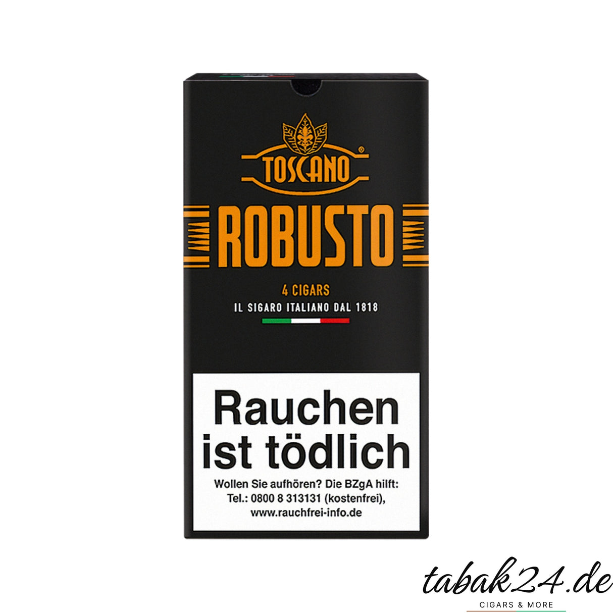 Vorderseite des Toscano Robusto Etuis mit Warnhinweis