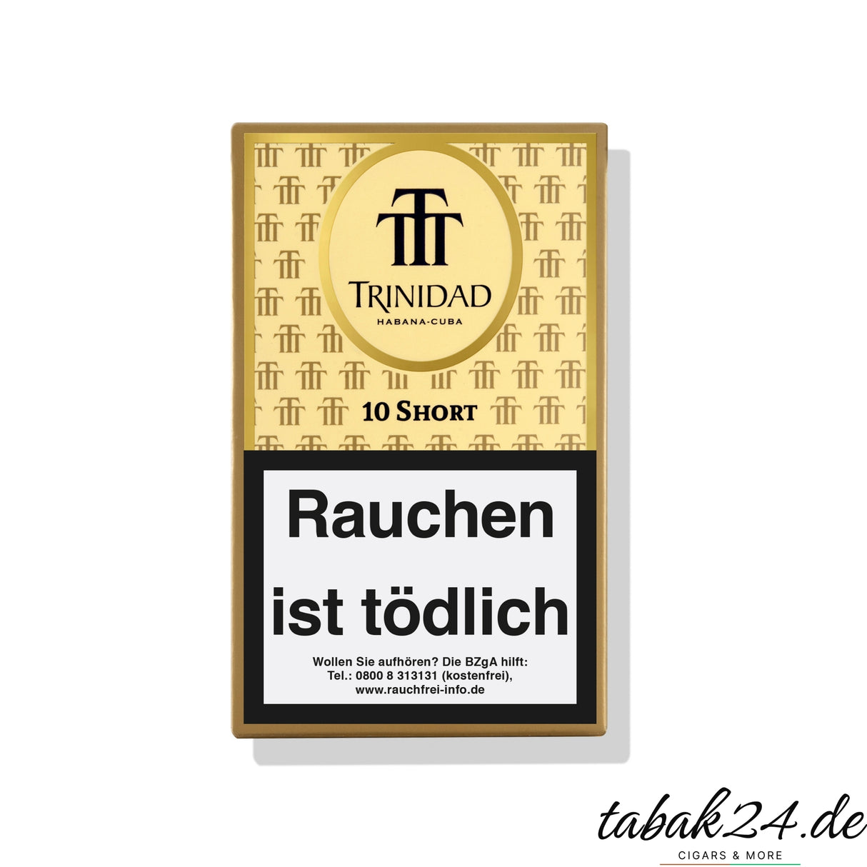 Packung Trinidad Shorts mit zwei ausgepackten Zigarren auf weißem Hintergrund