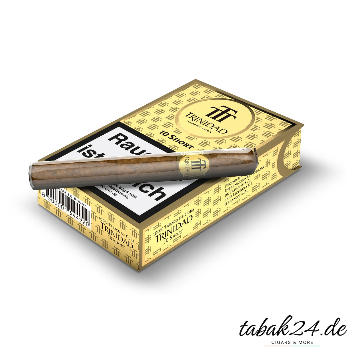 Trinidad Shorts Packung liegend mit einer herausgenommenen Zigarre