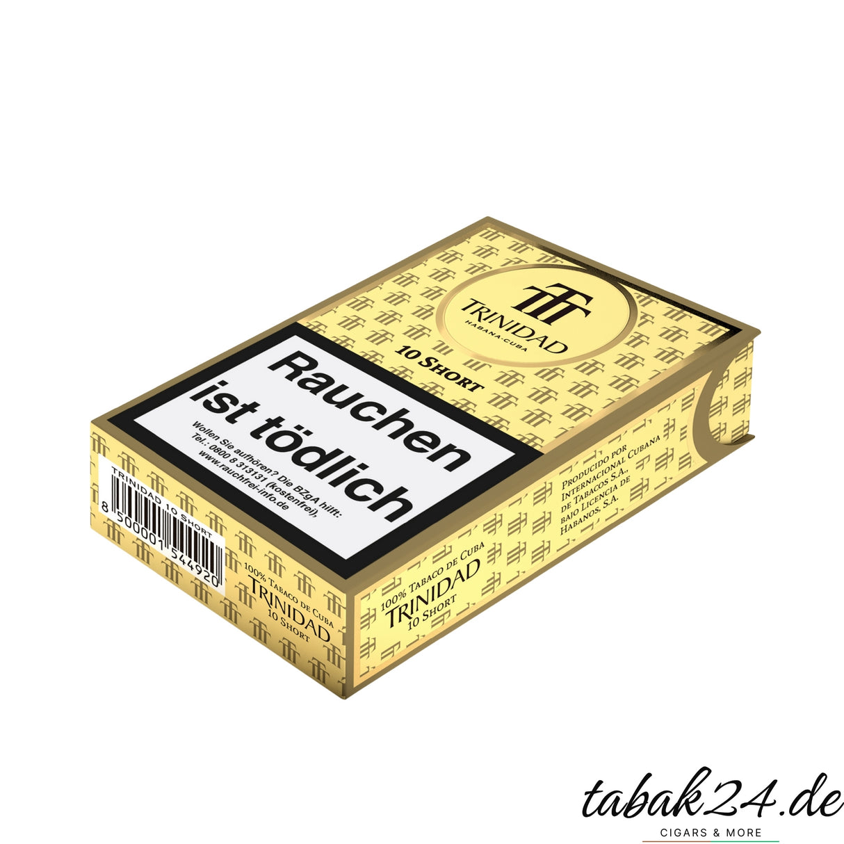 Trinidad Shorts Packung mit sichtbarem Barcode und einzeln entnommener Zigarre