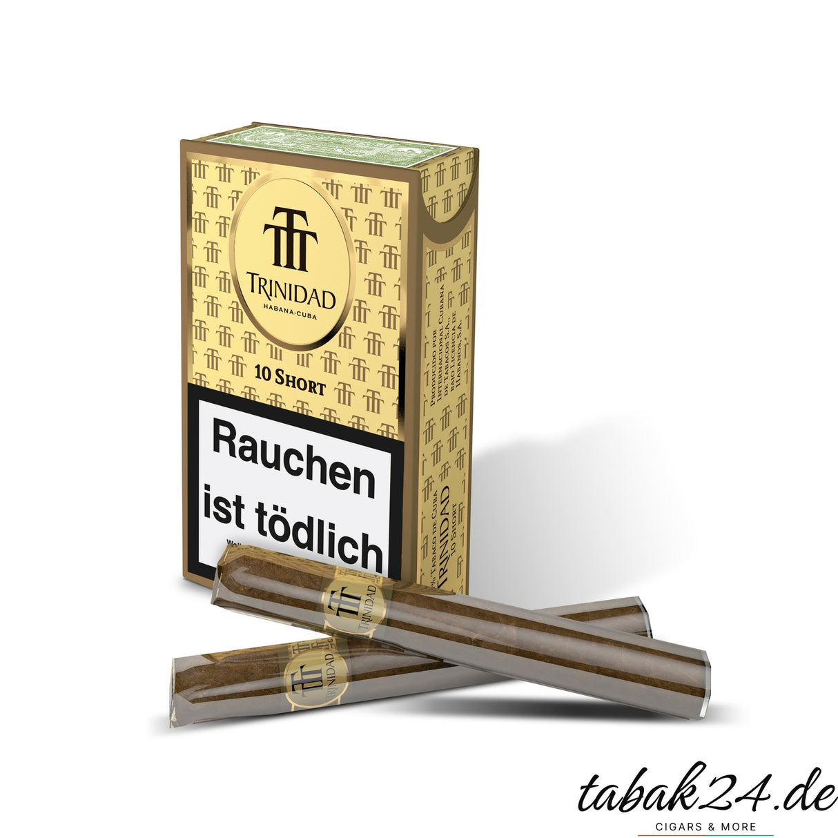 Packung Trinidad Shorts mit zwei ausgepackten Zigarren auf weißem Hintergrund