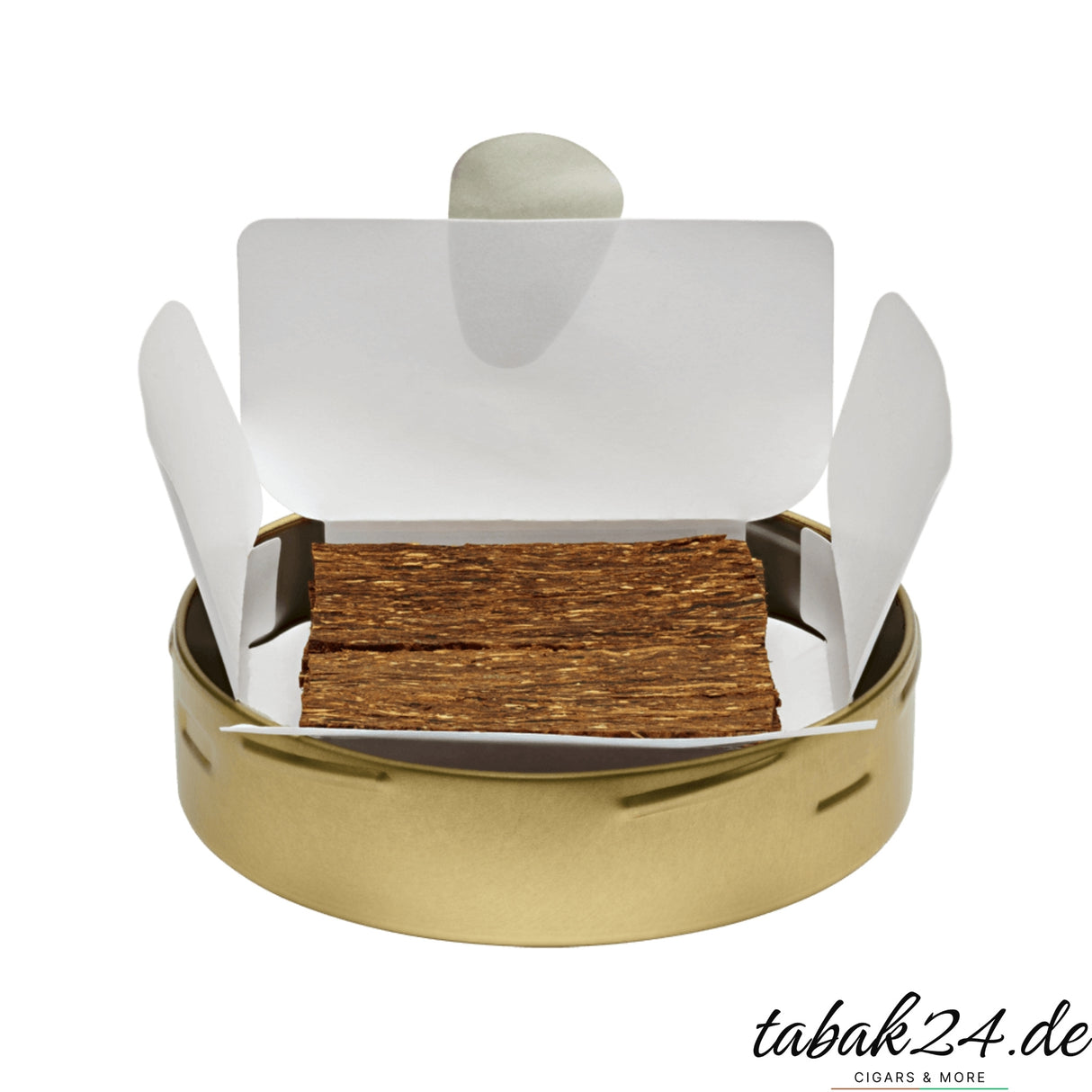 Geöffnete VAUEN Virginia Flake Dose mit hellbraunen Tabakflocken