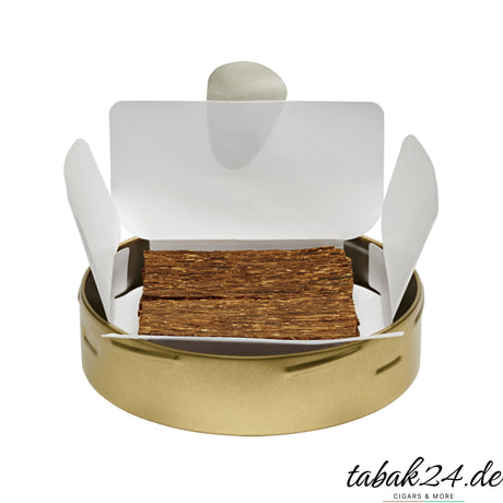 Geöffnete VAUEN Virginia Flake Dose mit hellbraunen Tabakflocken