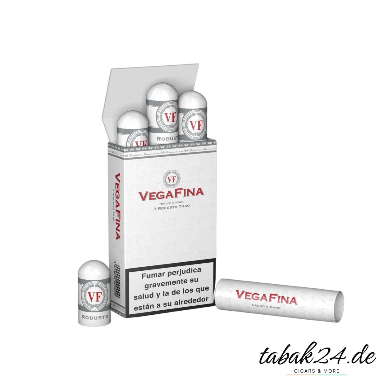 Geöffneter Dreierpack Vegafina Robusto Tubos mit Zigarren im Vordergrund