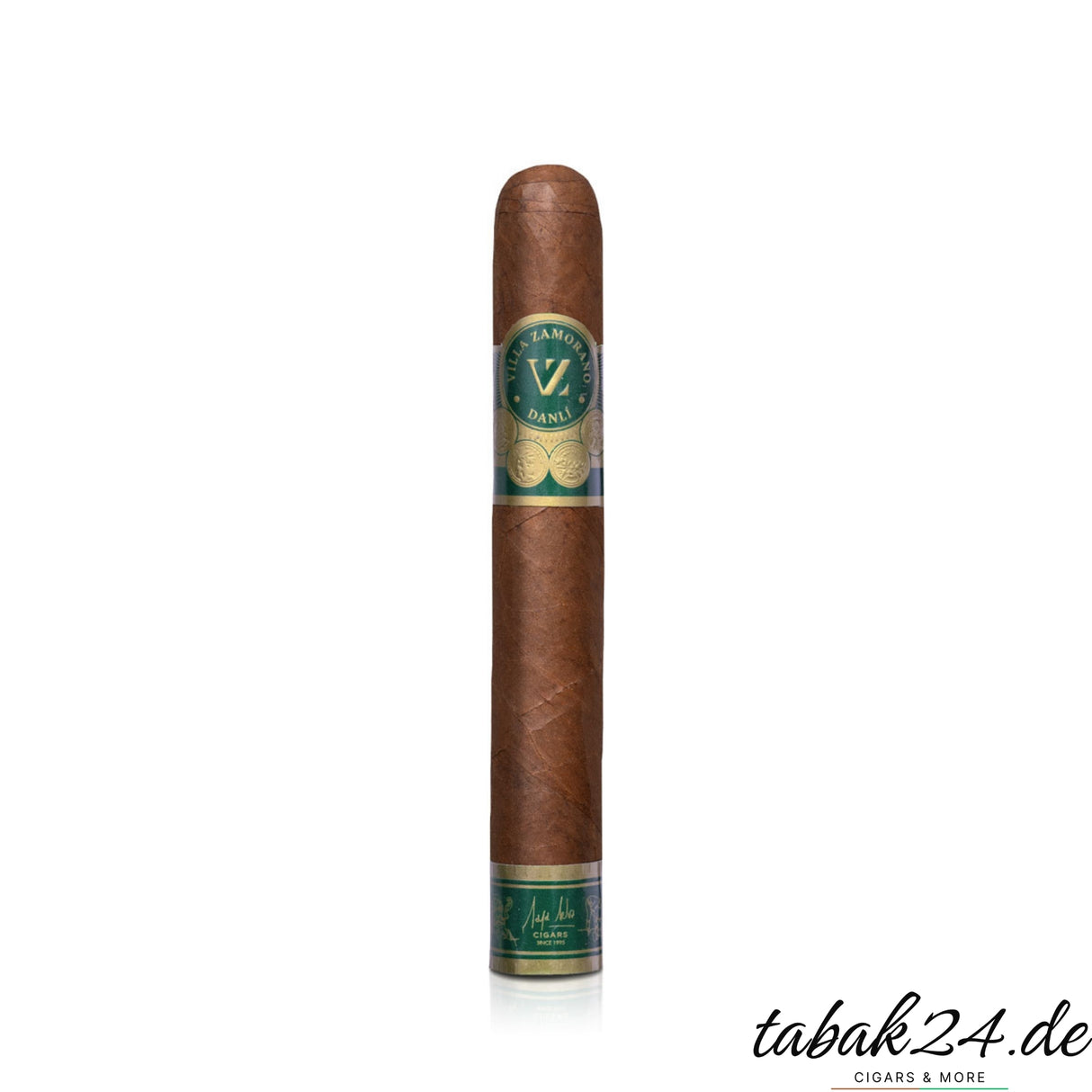Villa Zamorano Danlí Toro Zigarre mit grün-goldenem Ring auf Weiß