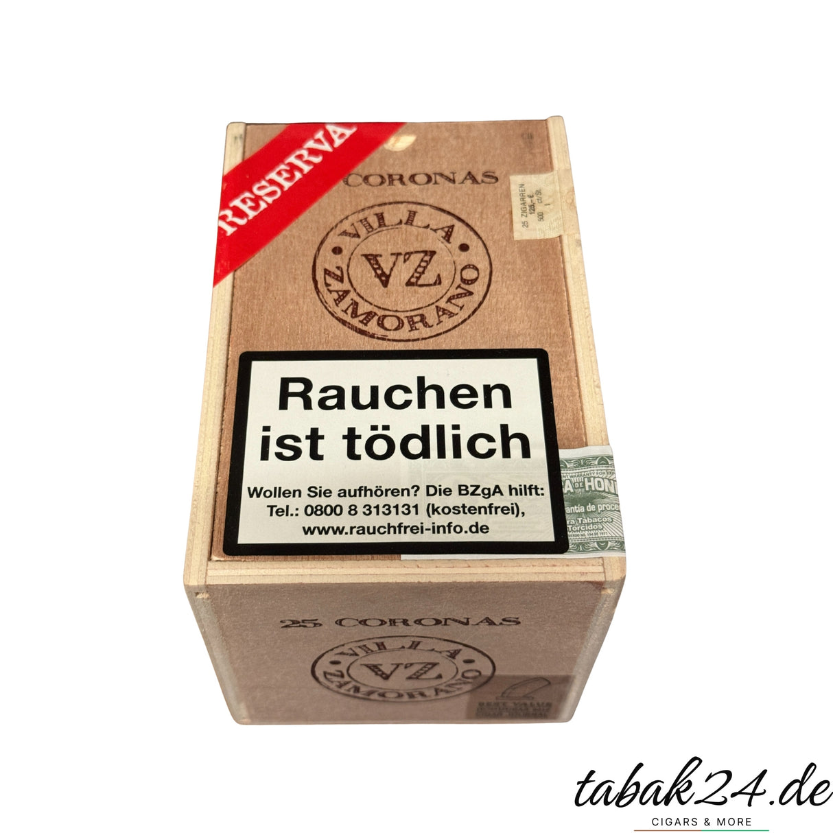 25er-Kiste Villa Zamorano Reserva Corona mit Siegel und Warnhinweis