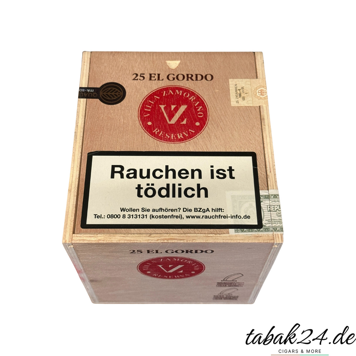 25er-Kiste der Villa Zamorano Reserva El Gordo mit Siegel und Warnhinweis
