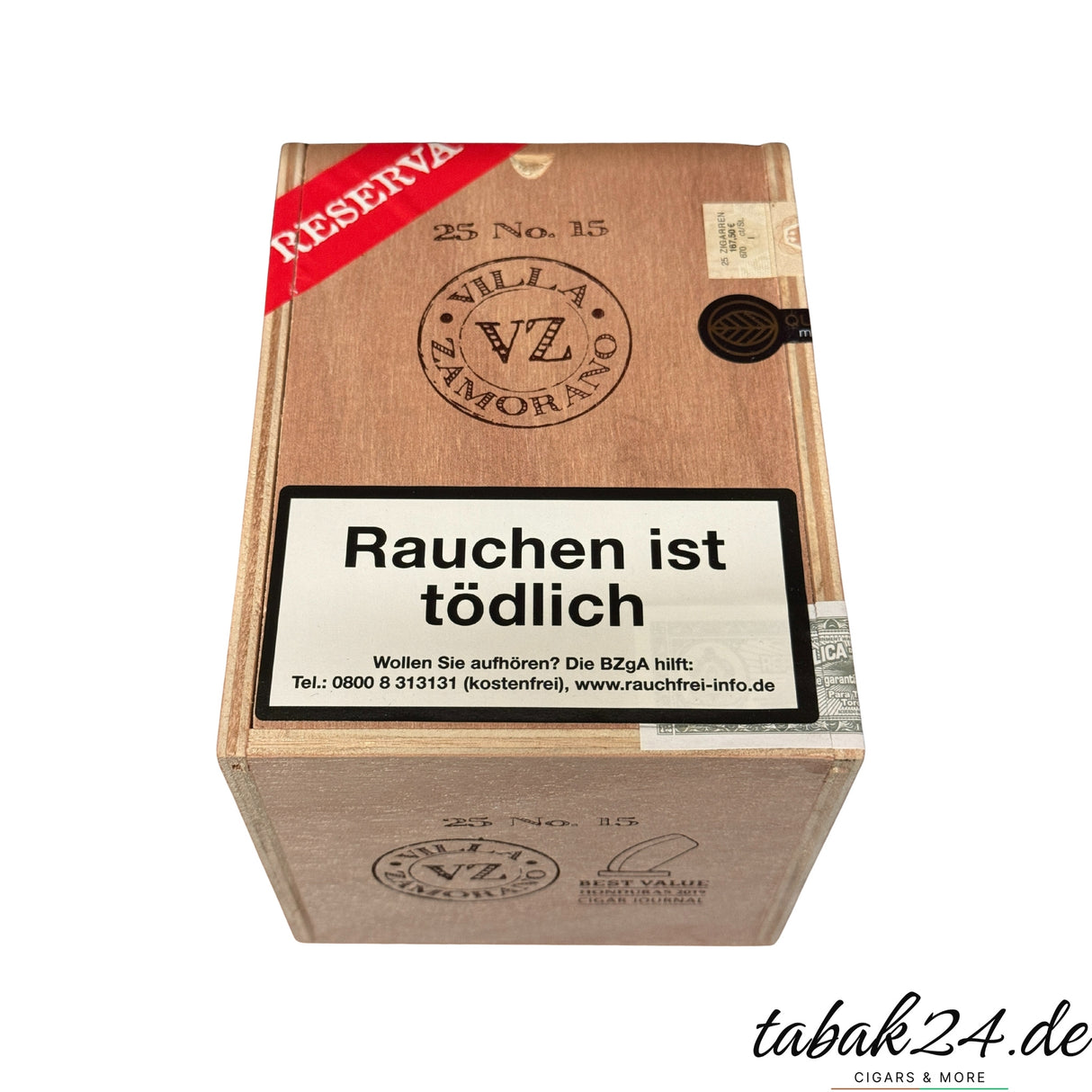 25er-Kiste Villa Zamorano Reserva No. 15 mit rotem Reservaband und Warnetikett