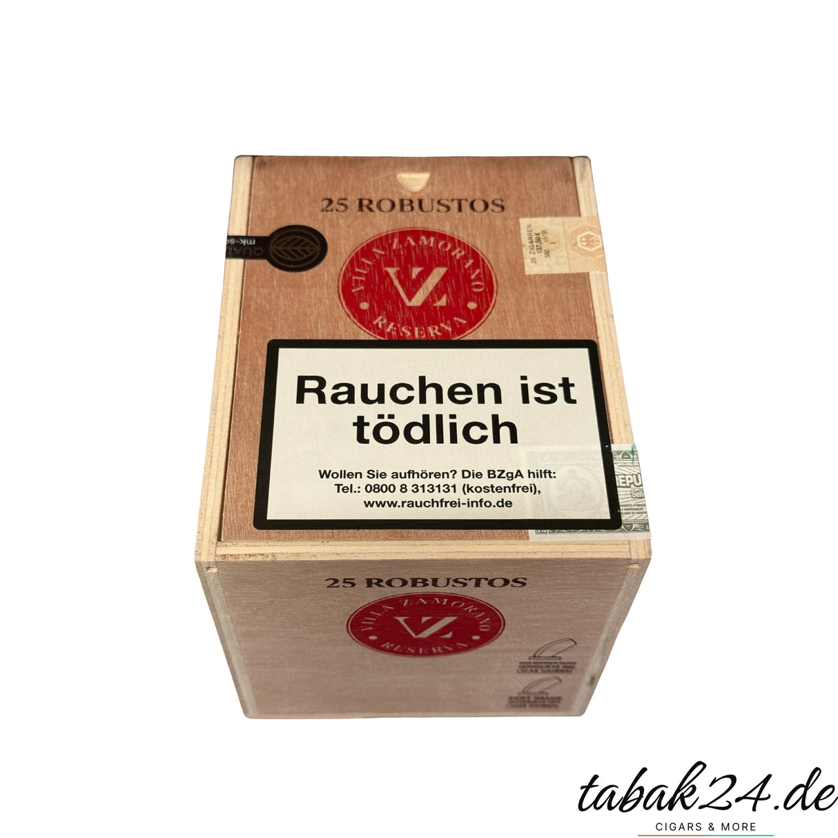 25er-Kiste der Villa Zamorano Reserva Robusto mit Siegel und Warnhinweis